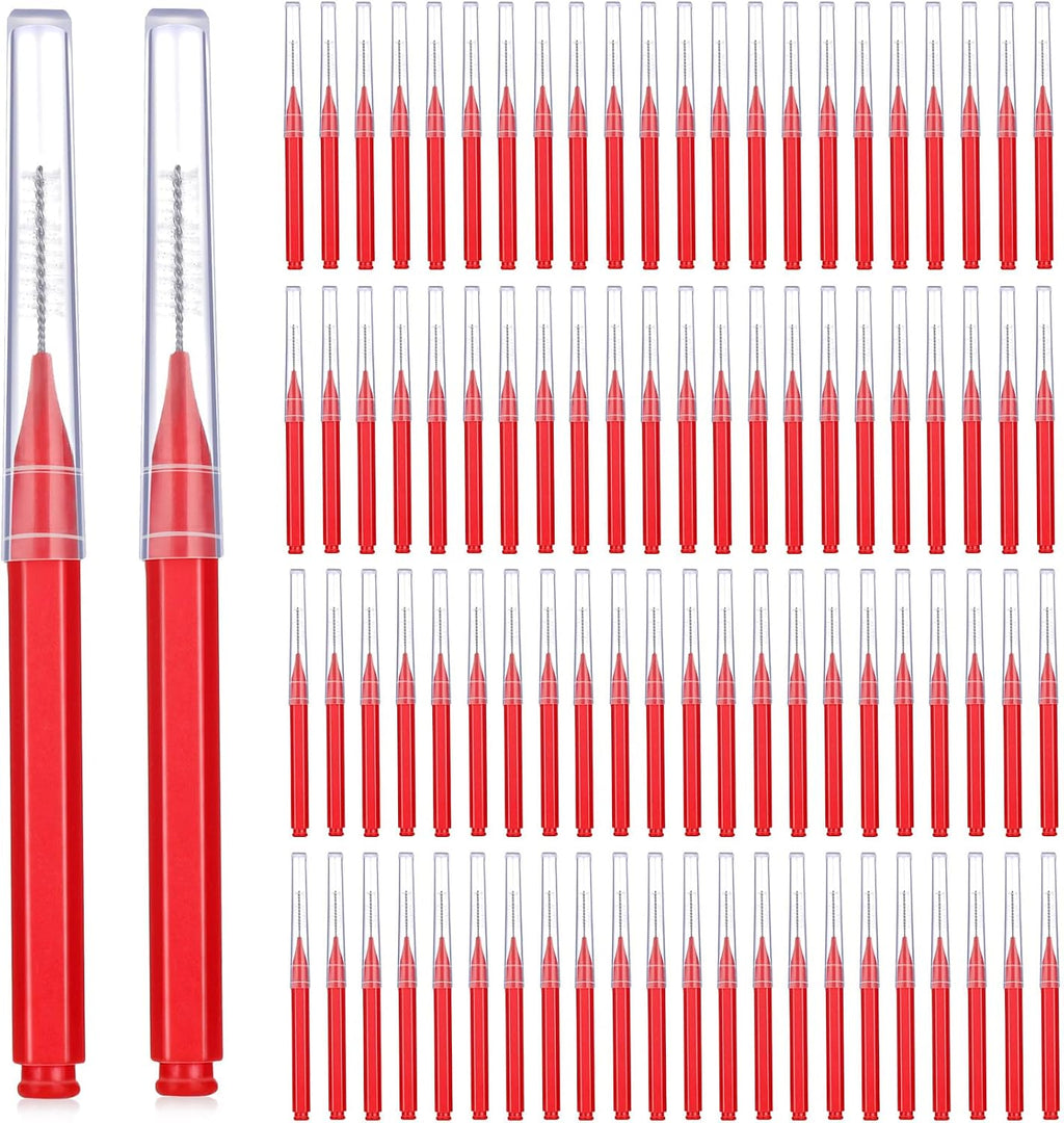 Patelai 100 Pieces Braces Dental Brush for Cleaner Interdental Toothpick Dental Tooth Flossing Head Oral Hygiene Flosser Toothpick Cleaners Tooth Tool(Red,Suitable Size)