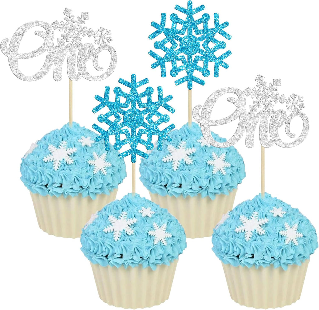 24Pcs Snowflake One Cupcake Toppers Glitter Winter Snowflake First Birthday Cupcake Picks for Winter Onederland Theme Baby Shower 1st Birthday Party Cake Decorations Supplies Blue