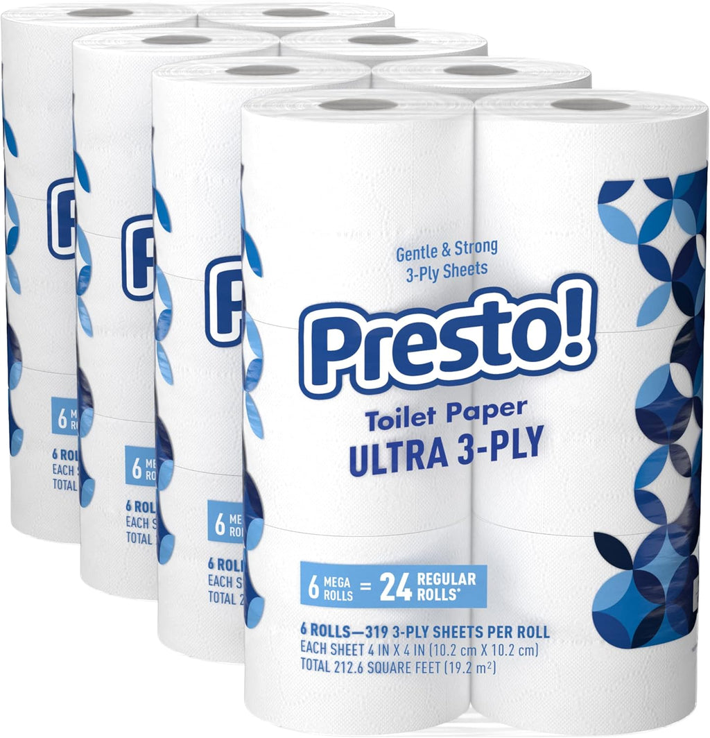 Amazon Brand - Presto! FSC Certified 319 Sheet Roll Toilet Paper, Ultra 3-Ply, Unscented, 6 Rolls (Pack of 4), 24 Mega Rolls = 96 Regular Rolls, 7656 Count