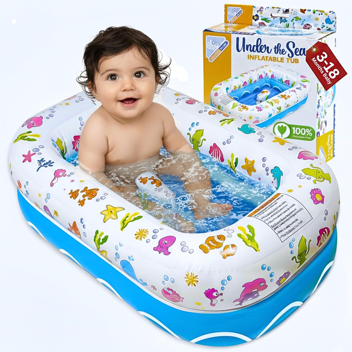 Mommy's Helper | Inflatable Under The Sea Baby Bathtub, Collapsible Safe Baby Bath Tub with Anti-Sliding Saddle Horn Seat, Must Have Travel Toddler Bath, Portable Bathtub Recommended Months 3 to 18