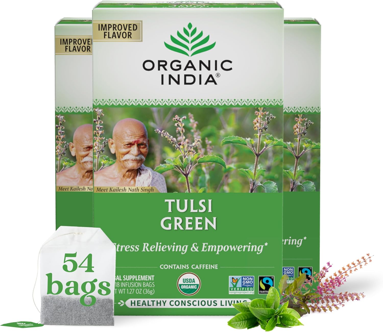 ORGANIC INDIA Tulsi Green Tea Bags - Holy Basil Tea, African Basil, Stress Relieving, Immune Support, USDA Certified Organic, Premium Darjeeling Green Tea, Caffeinated - 18 Infusion Bags, 3 Pack