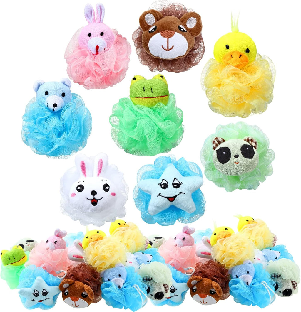 16 Pcs Kids Bath Loofahs Bulk Animal Cartoon Bath Sponge Cute Pouf Mesh Body Loofah Colorful Exfoliating Scrubber Shower Ball for Kids Toddler Boys Girls Adults