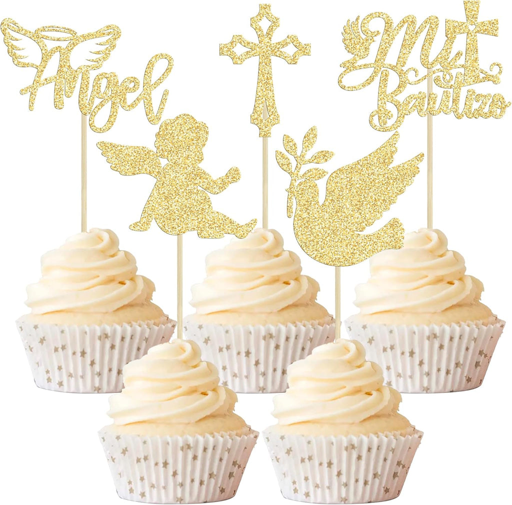 Gyufise 30Pcs Mi Bautizo Cupcake Toppers Gold Glitter Cross Angel Dove Cupcake Toppers Angel Religious God Bless Cupcake Picks for Baptism Theme Baby Shower Kids Birthday Party Supplies