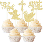 Gyufise 30Pcs Mi Bautizo Cupcake Toppers Gold Glitter Cross Angel Dove Cupcake Toppers Angel Religious God Bless Cupcake Picks for Baptism Theme Baby Shower Kids Birthday Party Supplies