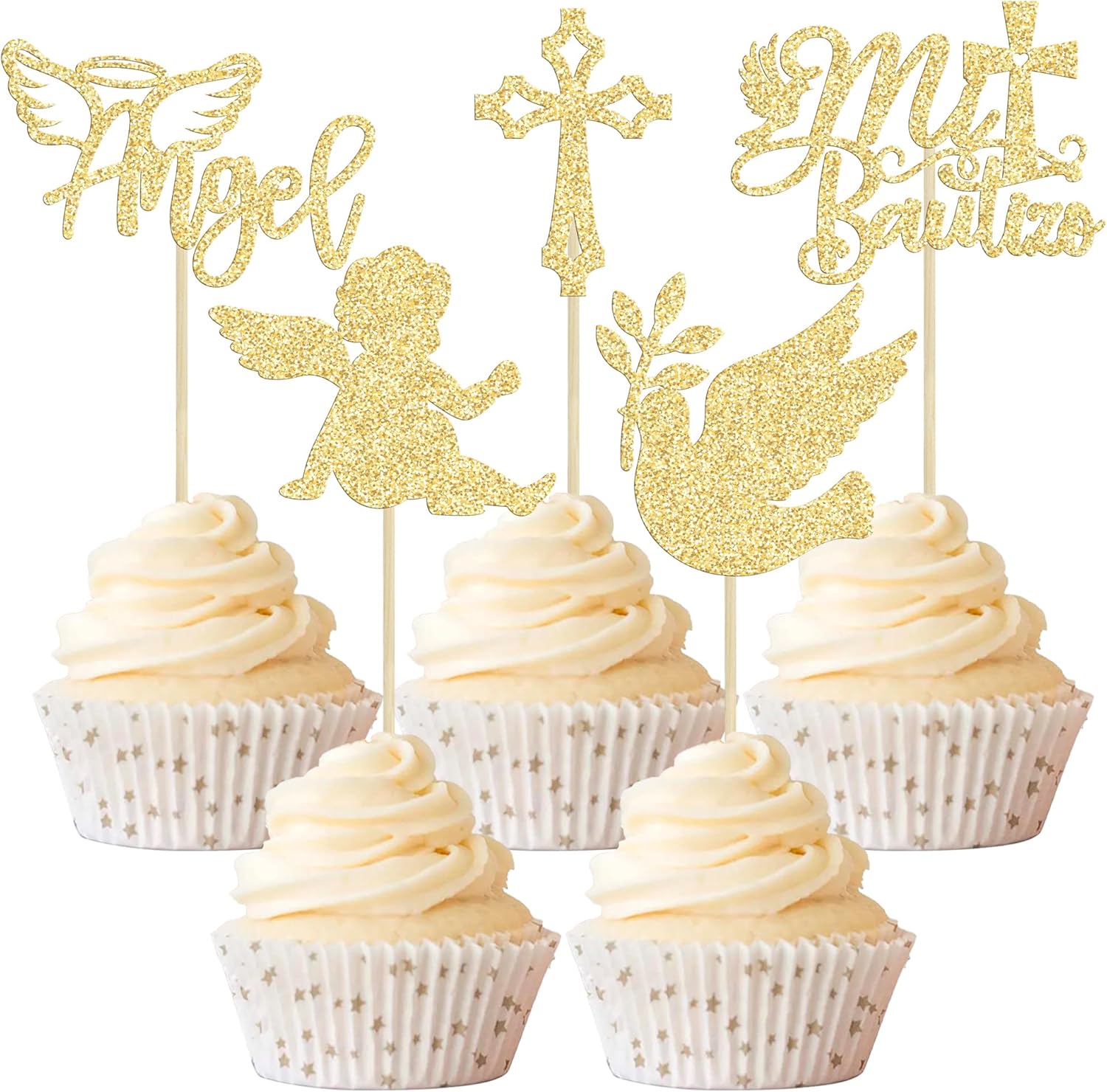 Gyufise 30Pcs Mi Bautizo Cupcake Toppers Gold Glitter Cross Angel Dove Cupcake Toppers Angel Religious God Bless Cupcake Picks for Baptism Theme Baby Shower Kids Birthday Party Supplies