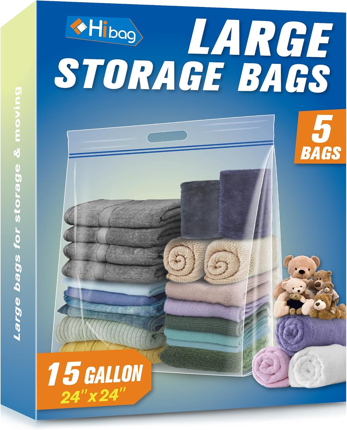 HIBAG 15 Gallon Large Storage Bags, 24” x 24” Resealable Clear Bags with Handle, Extra Large XL Heavy Duty for Clothes Pillow Travel Moving, Pack of 5