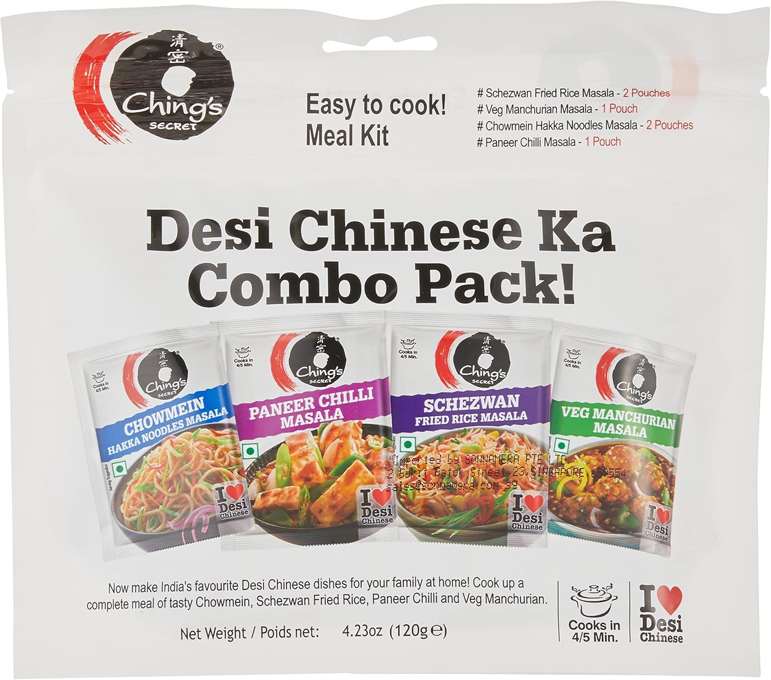 Ching's Secret Desi Chinese Ka Combo Pack - Chowmein, Schezwan, Fried Rice, Paneer Chilli and Veg Manchurian - 120 Gram