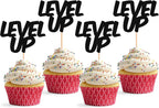Level Up Cupcake Topper - 24 Pack Glitter Black Birthday Cake Decorations, Game Upgrade Cupcake Picks