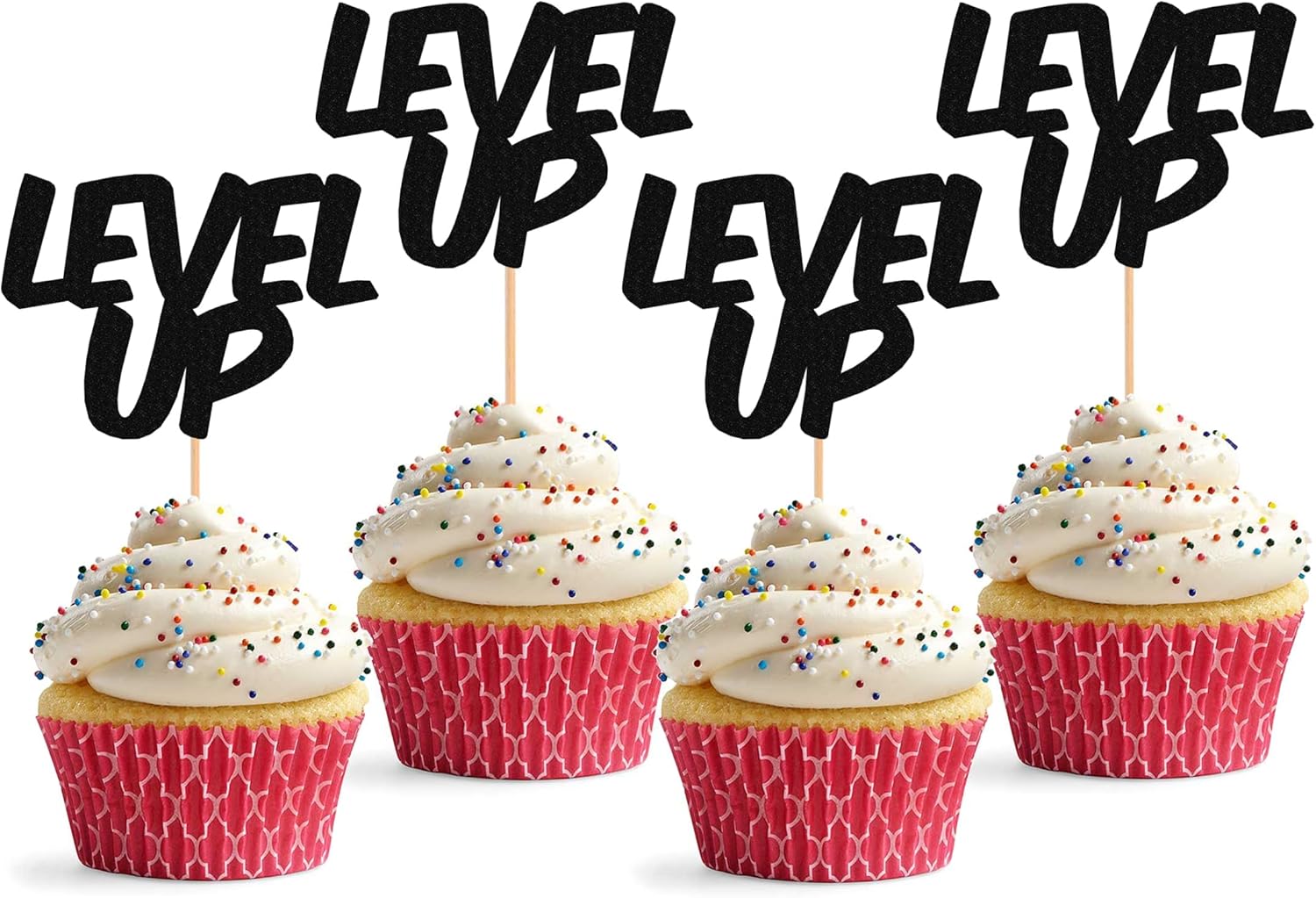 Level Up Cupcake Topper - 24 Pack Glitter Black Birthday Cake Decorations, Game Upgrade Cupcake Picks
