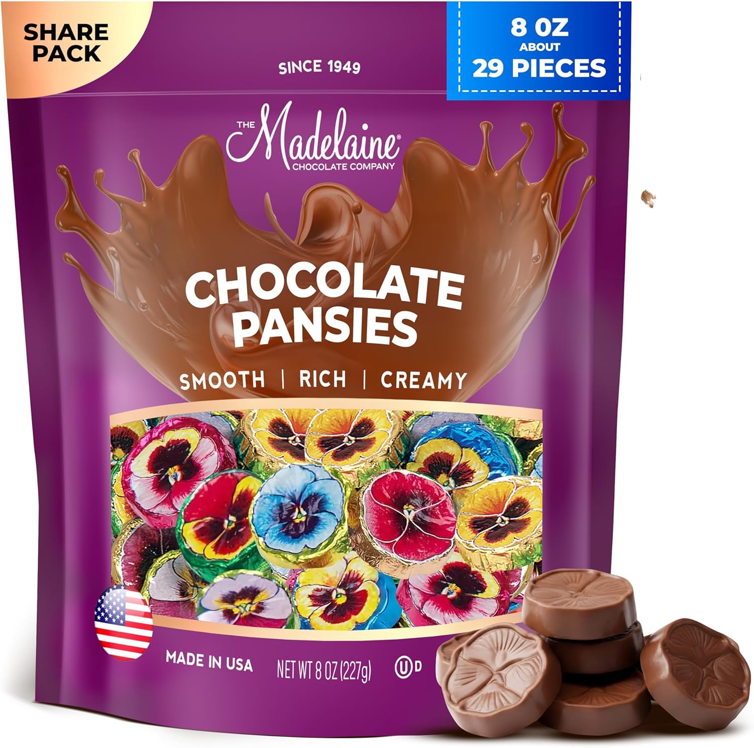 Madelaine Solid Premium Milk Chocolate Pansy Flowers Wrapped In Assorted Colors Of Italian Foil (1/2 LB)