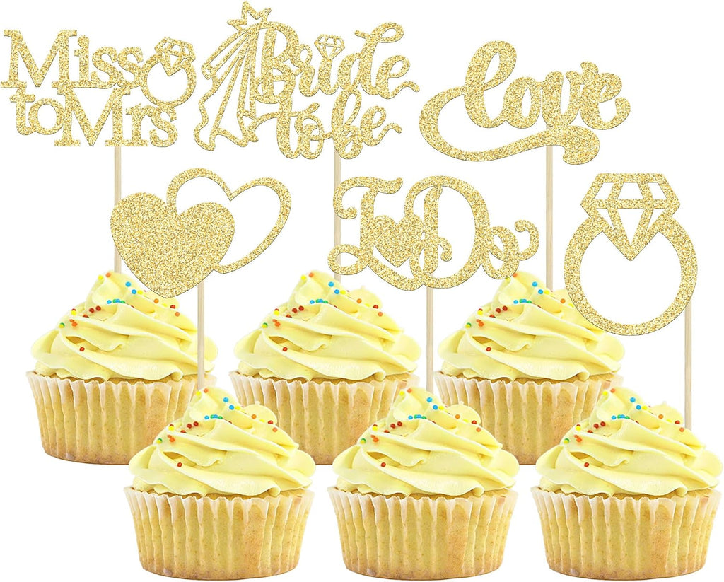 Gyufise 24Pcs Bride to Be Cupcake Toppers Gold Glitter I Do Love Heart Ring Miss To Mrs Cupcake Picks Bridal Shower Cake Decorations for Wedding Engagement Bachelorette Party Supplies