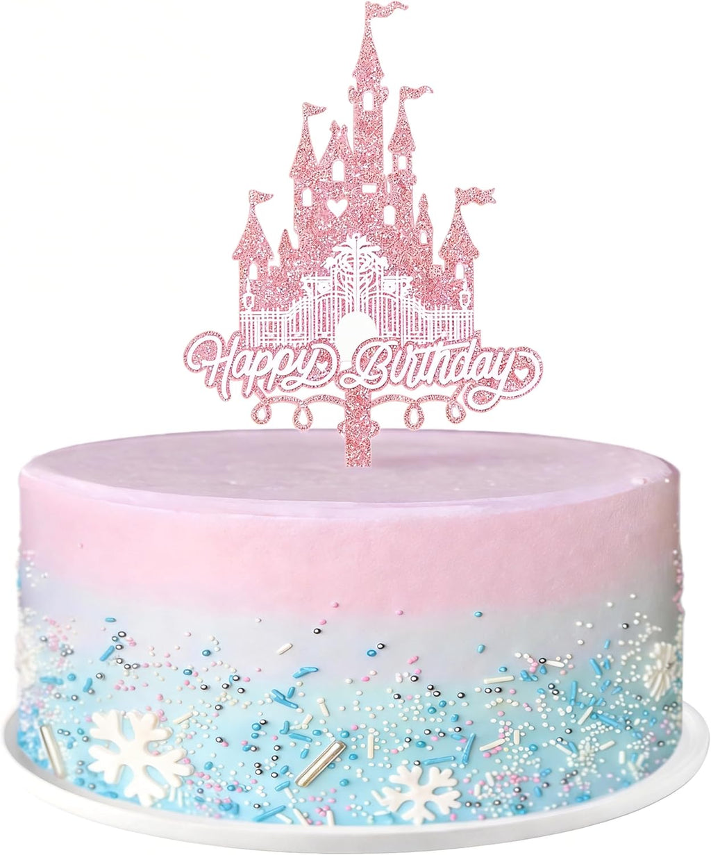 1 Pack Acrylic Glitter Princess Castle Cake Topper Pink Happy Birthday Cake Decoration for Girls' Princess Birthday Parties & Baby Showers
