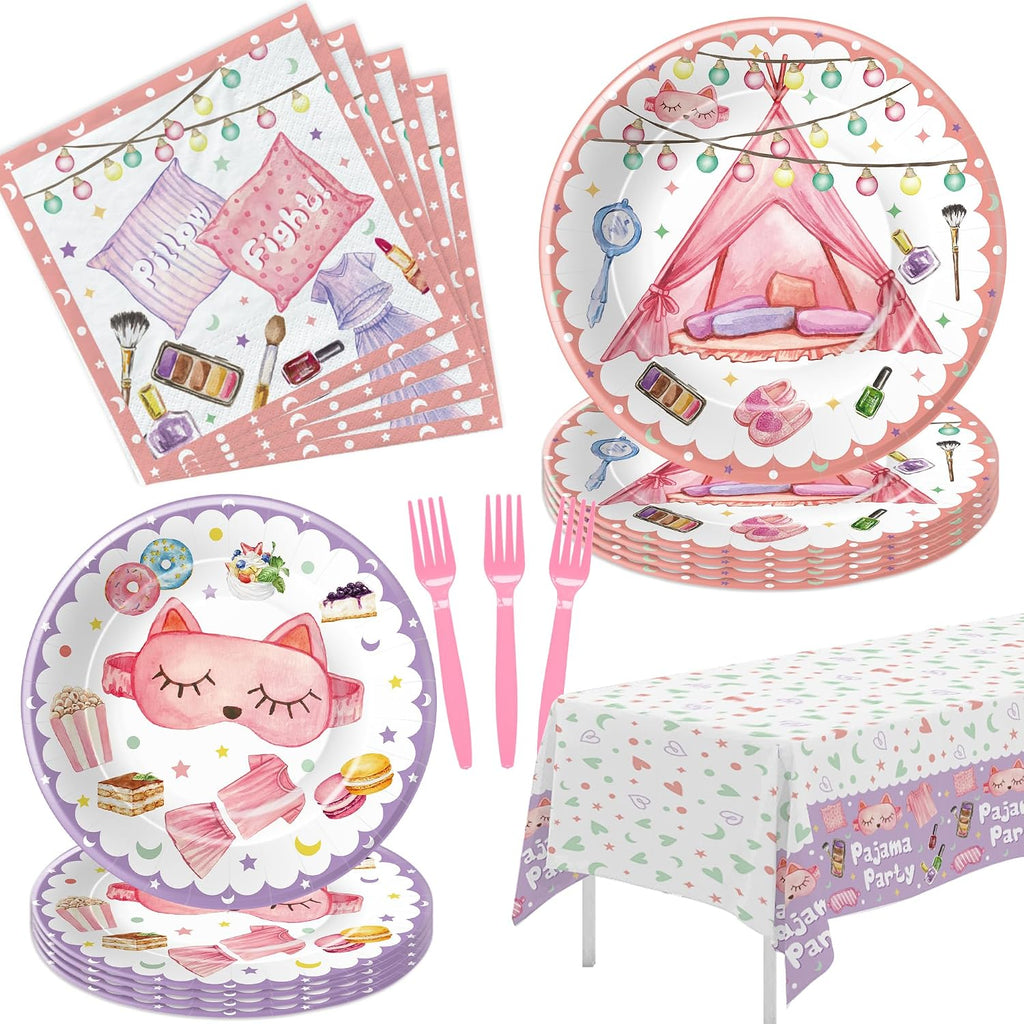 Sleepover Party Supplies For Girls - Pajama Party Decorations Tableware, Disposable Paper Plate, Napkin, Tablecloth, Fork, Sleep Over Slumber Birthday Party Supplies Dinnerware | Serve 24