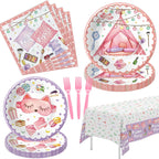 Sleepover Party Supplies For Girls - Pajama Party Decorations Tableware, Disposable Paper Plate, Napkin, Tablecloth, Fork, Sleep Over Slumber Birthday Party Supplies Dinnerware | Serve 24