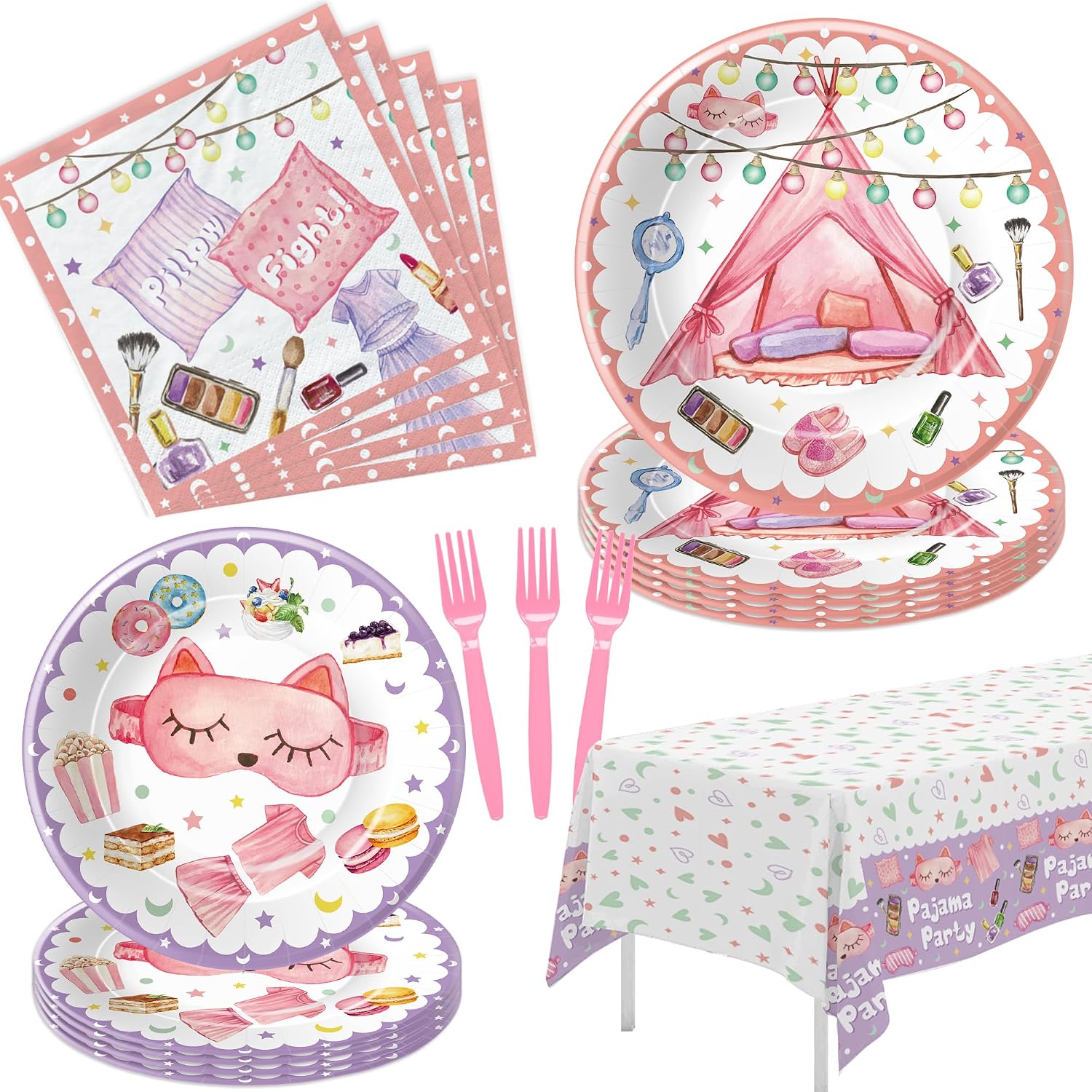 Sleepover Party Supplies For Girls - Pajama Party Decorations Tableware, Disposable Paper Plate, Napkin, Tablecloth, Fork, Sleep Over Slumber Birthday Party Supplies Dinnerware | Serve 24