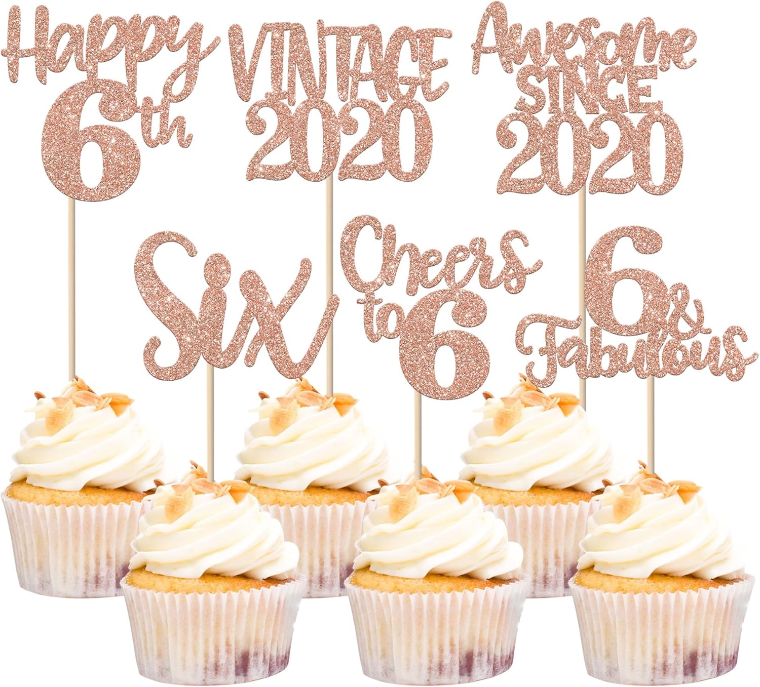 Rsstarxi 24 Pack Happy 6th Birthday Cupcake Toppers Glitter Six 6 Fabulous Vintage 2020 Cupcake Picks for Cheers to 6 Years 6th Birthday Wedding Anniversary Party Cake Decorations Rose Gold