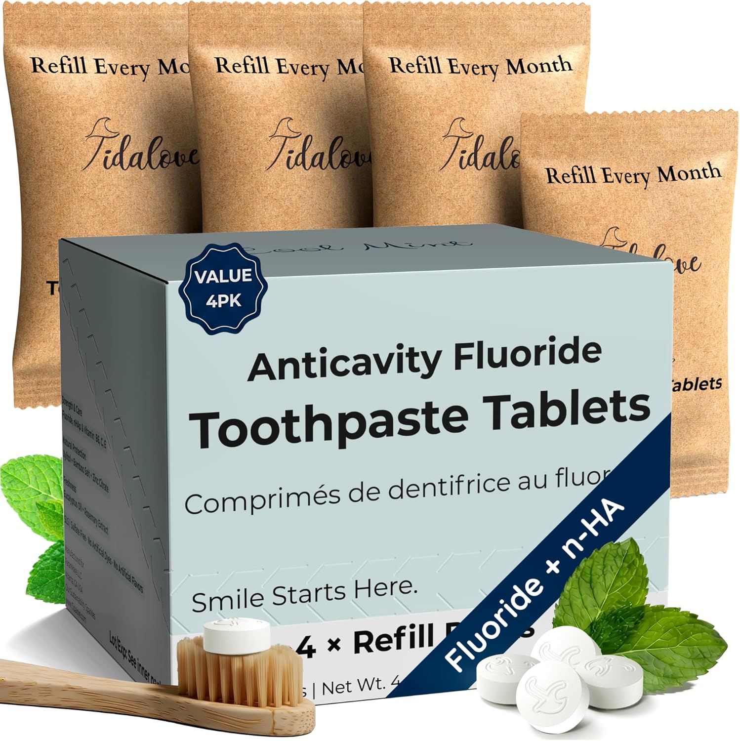 Fluoride Toothpaste Tablets with nHAp, Zero-Waste Paper Refill, Cool Mint, 248 Tablets (4-Month Supply)