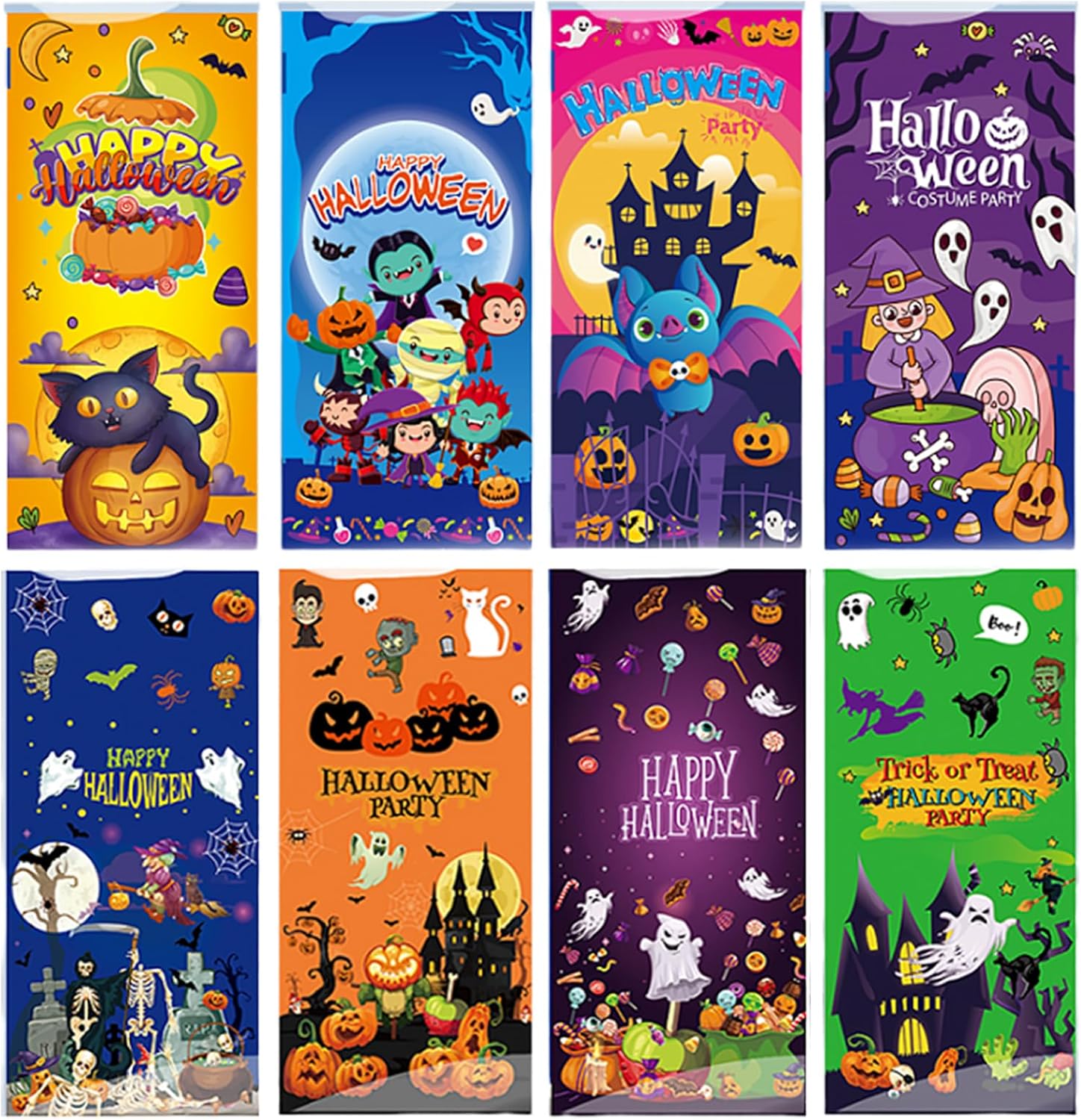 Lodeihoo Halloween Cellophane Treat Bags, 100 PCS Halloween Plastic Candy Bags with 100 PCS Twists 8 Styles for Kids Treat or Trick Party Supplies for Snacks Candy Cookies Packing