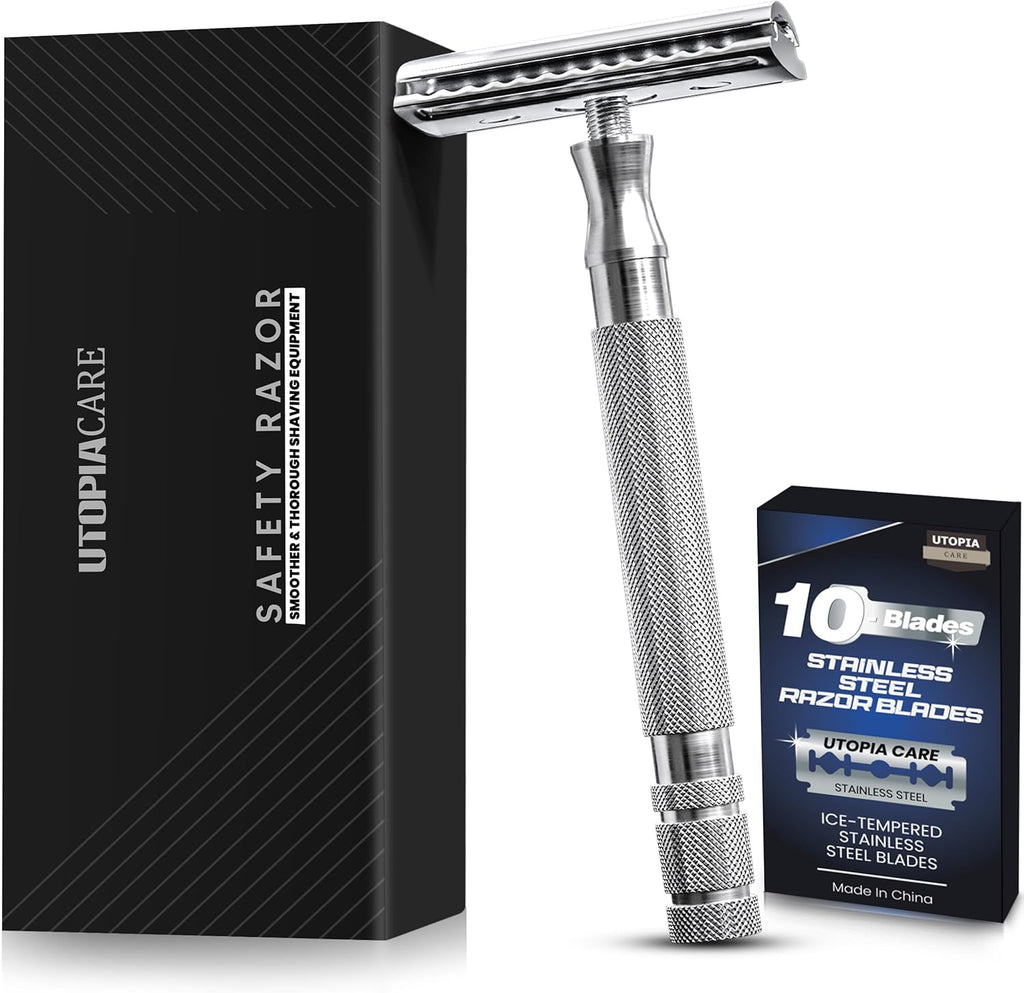 Utopia Care Double Edge Safety Razor for Men & Women with 10 Premium Stainless Steel Blade Refills, Reusable Single Blade Razor, Silver