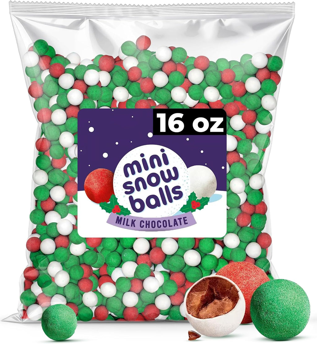 Bulk Christmas Snow Balls Milk Chocolate -1 Pound Holiday Red, Green & White Crisp Sugar Shell Candy - Festive Christmas Candies for Gingerbread Decorations, Bowls, Parties & Gift Bags (Milk Chocolate)