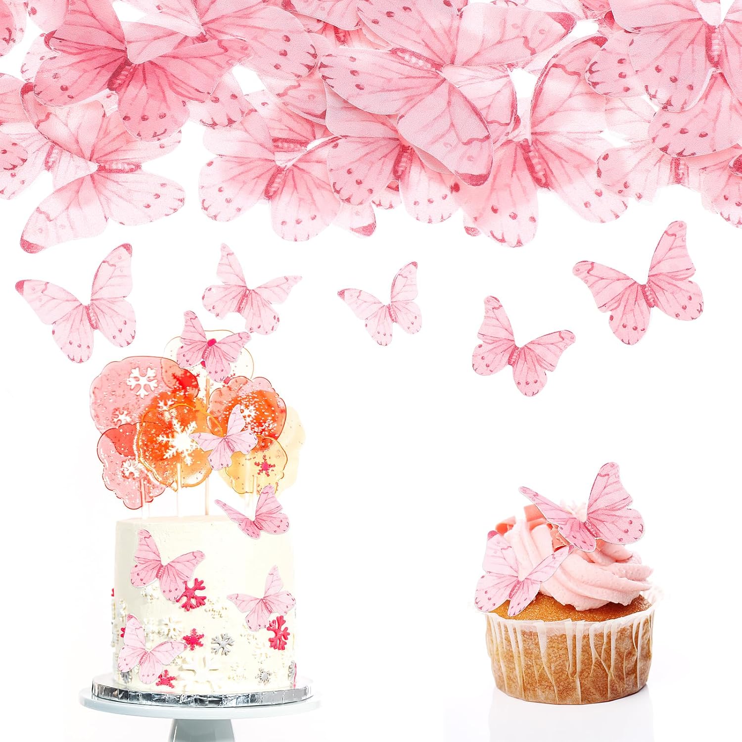 40 Pcs Pink Butterfly Cake Decorations Edible Butterfly Cupcake Toppers Pink Wafer Paper Butterflies Cake Toppers for Wedding Birthday Party Cupcakes Decorating Supplies