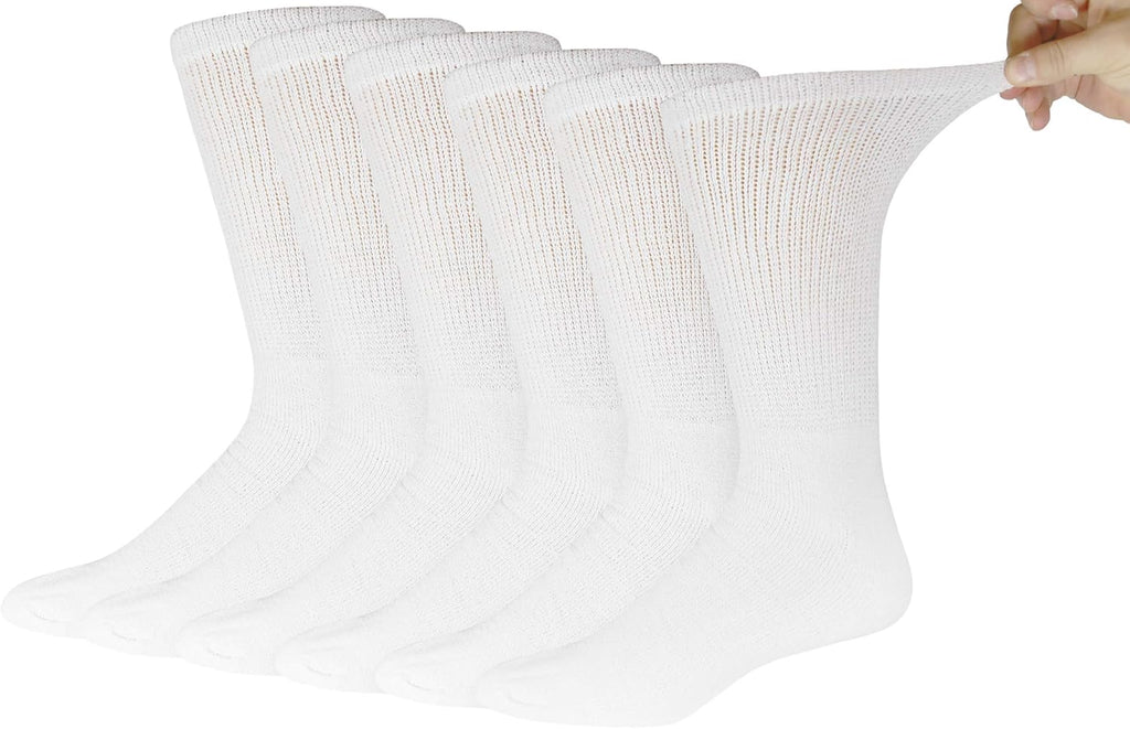 6 Pairs of Cotton Diabetic Non-Binding Neuropathy Crew Socks (White, Fits Mens shoe size 9-12/Womens shoe size 10-13)
