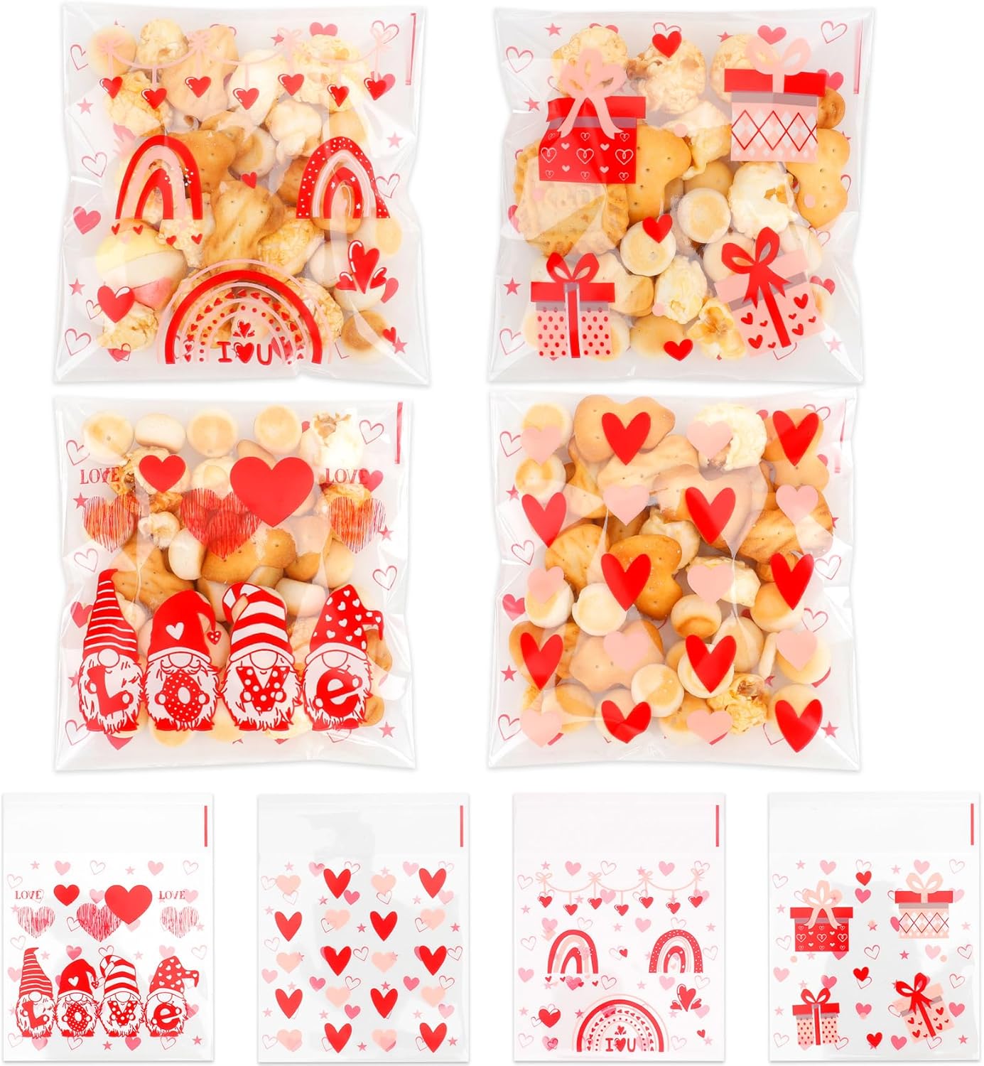 200Pcs Valentines Cellophane Treat bags, Valentine Day Goodie Cookie Candy Plastic Gift Bags with Seal, Self Adhesive Small Clear Snack Goody Bag for Valentine's Day Party Favors Supplies 4 x 5 Inches