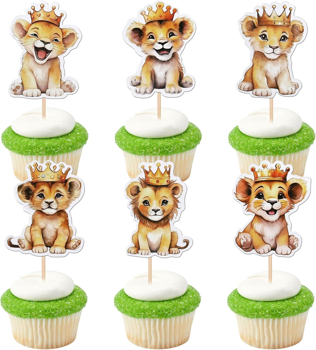 36 PCS Lion Cupcake Toppers - Jungle Safari Animal Crowns & Picks for Lion Animal Theme Baby Shower Kids Boys Girls Birthday Party Cake Decorations