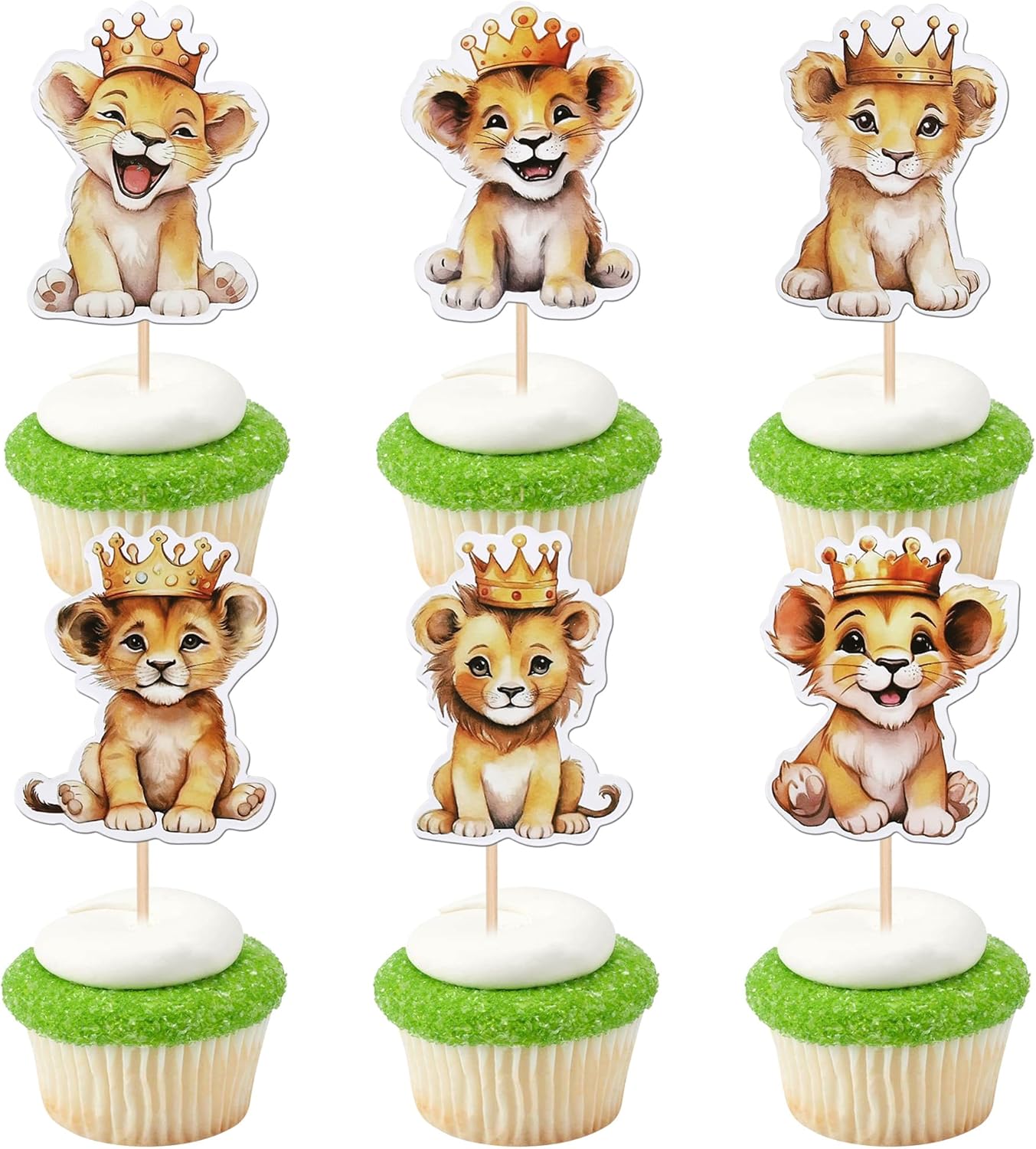 36 PCS Lion Cupcake Toppers - Jungle Safari Animal Crowns & Picks for Lion Animal Theme Baby Shower Kids Boys Girls Birthday Party Cake Decorations