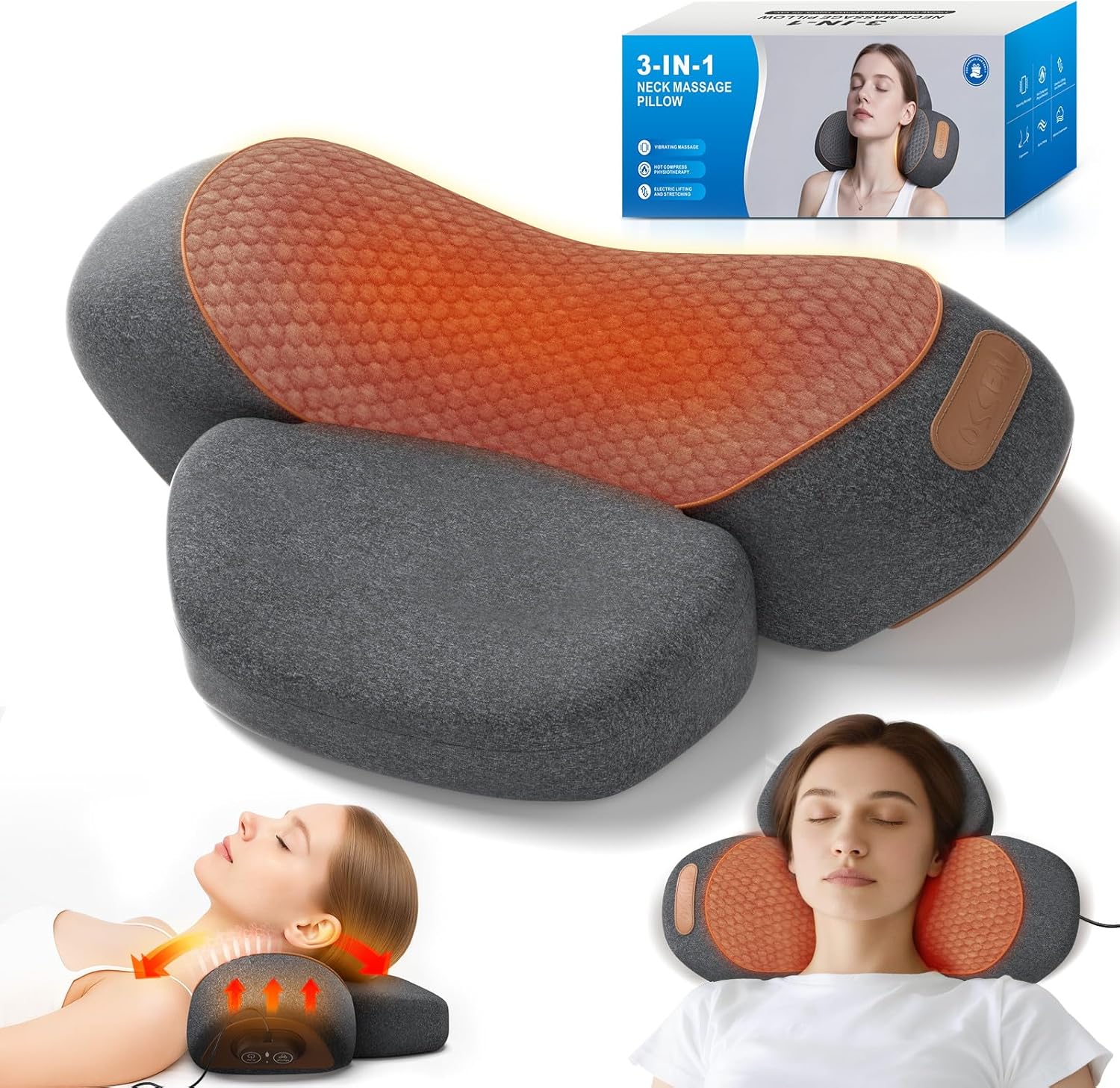 Neck Massager Pillow with Heat, 3-in-1 Shiatsu & Cervical Traction for Pain Relief, Ergonomic Shoulder Massager and Posture Corrector for Men & Women, Corded Electric（Dark Gray）