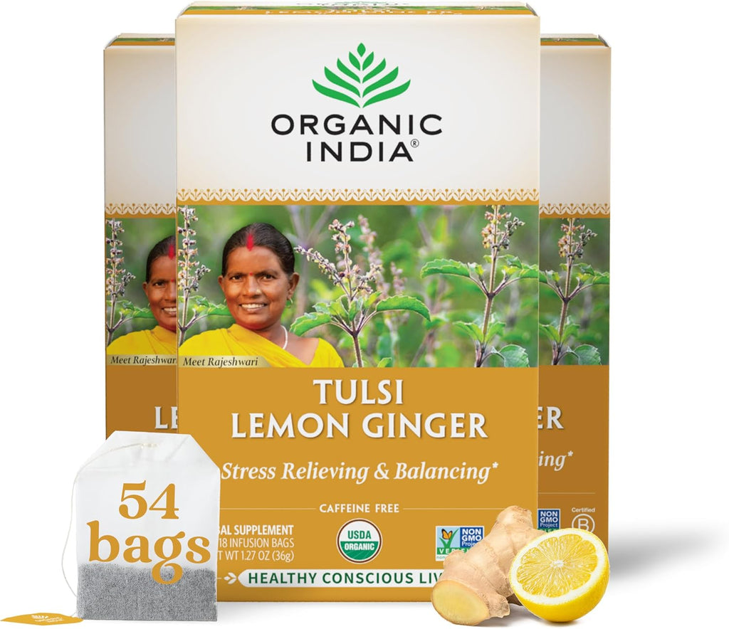 ORGANIC INDIA Tulsi Lemon Ginger Tea Bags - Herbal Tea, Stress Relieving & Reviving, Immune Support, Aids Digestion, Vegan, USDA Certified Organic, Non-GMO, Caffeine-Free - 18 Infusion Bags, 3 Pack