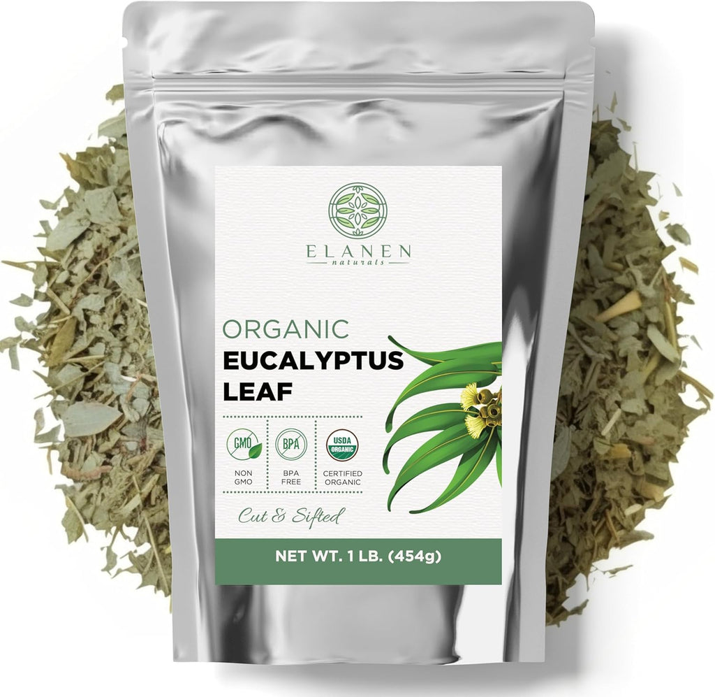 Elanen Naturals Organic Eucalyptus Leaf Tea 1 lb. (16 oz.), USDA Organic Eucalyptus Tea, Eucalipto Hojas Naturales, Eucalipto Leaves, Te De Eucalipto, Eaucalyptus, Calyptus, Cut & Sifted