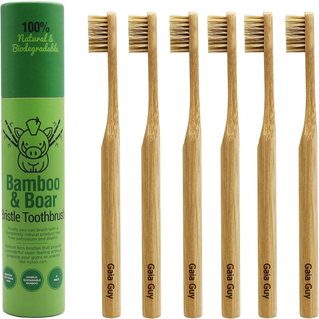 Gaia Guy Natural Bristle Bamboo Toothbrush (NO Nylon - Boar Hair ONLY) - Totally Compostable & Biodegradable Boar Bristle and Bamboo Toothbrushes - Zero Waste - 6-Pack