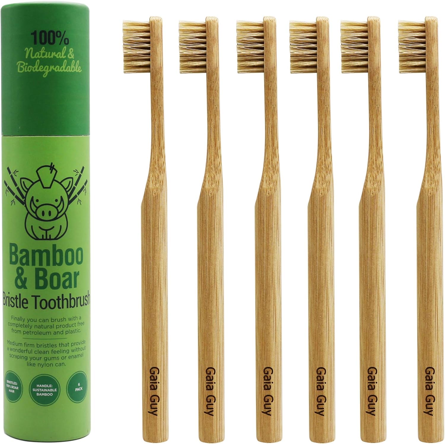 Gaia Guy Natural Bristle Bamboo Toothbrush (NO Nylon - Boar Hair ONLY) - Totally Compostable & Biodegradable Boar Bristle and Bamboo Toothbrushes - Zero Waste - 6-Pack