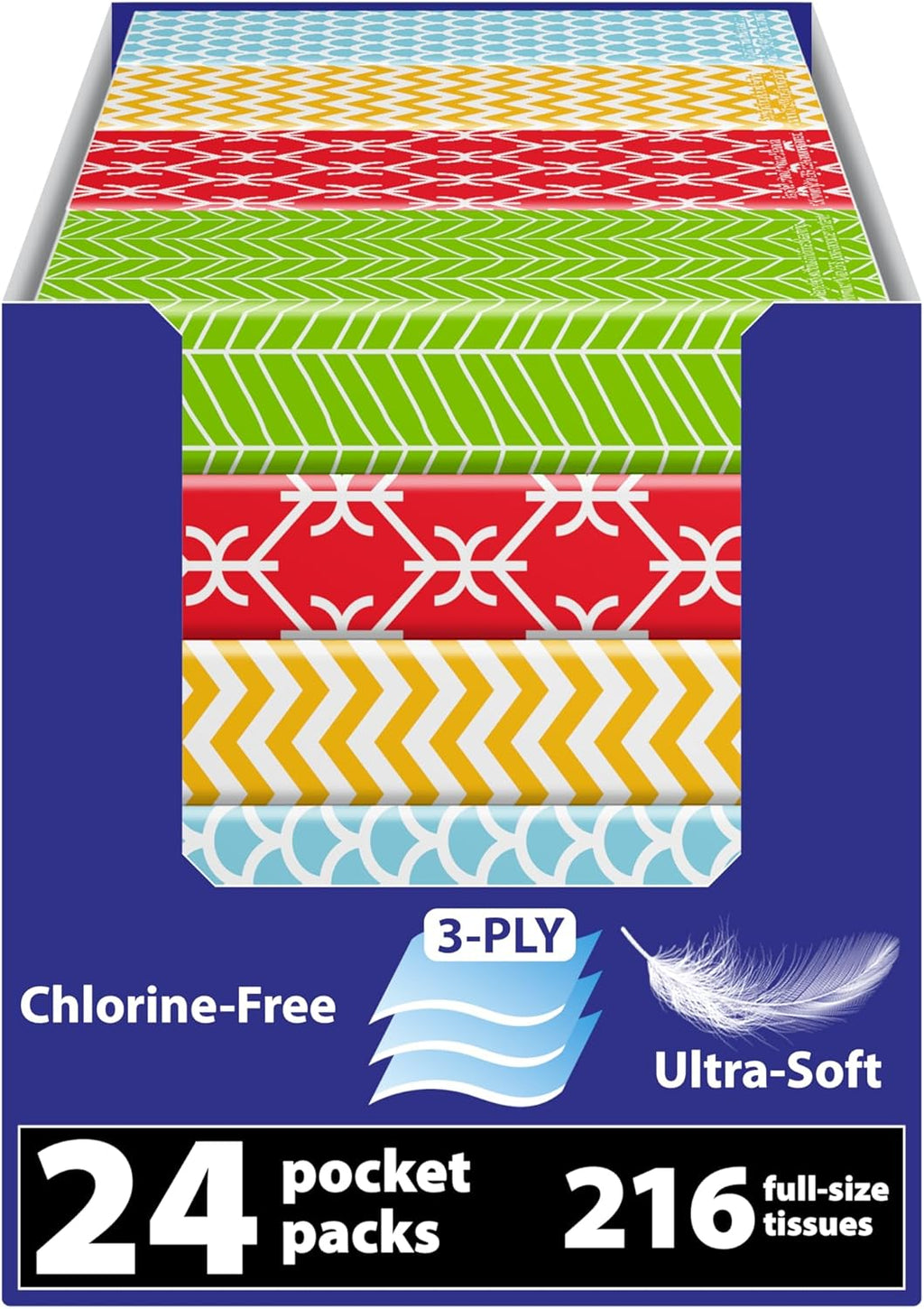Travel Tissue Packs – 24 Compact 3-Ply Packs (216 Total), Soft Chlorine-Free Facial Tissues for Purse, Car, or School, Gentle & Durable, Non-Bleach, Stylish Geometric Design