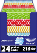 Travel Tissue Packs – 24 Compact 3-Ply Packs (216 Total), Soft Chlorine-Free Facial Tissues for Purse, Car, or School, Gentle & Durable, Non-Bleach, Stylish Geometric Design