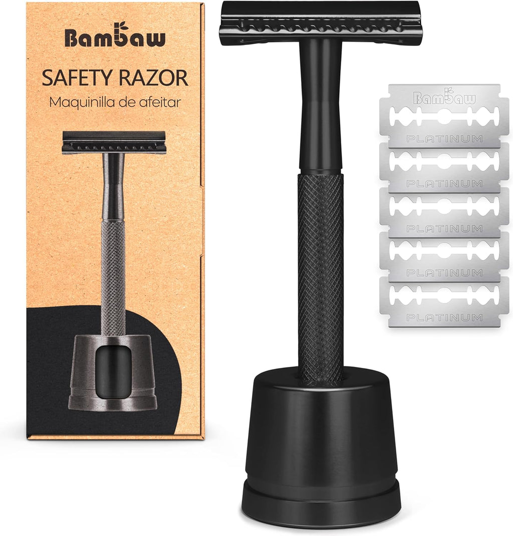 Bambaw Double Edge Safety Razor with 5 Safety Razor Blades, Single Blade Razor for Men with Razor Stand, Double Edge Razor, Safety Razors for Men - Black