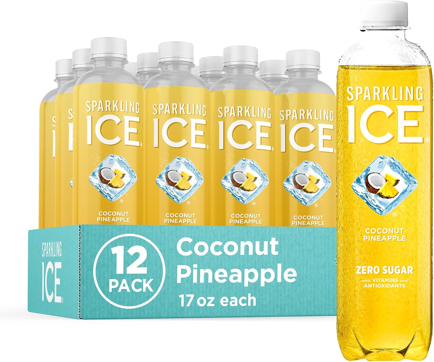 Sparkling Ice, Coconut Pineapple Sparkling Water, Zero Sugar Flavored Water, with Vitamins and Antioxidants, Low Calorie Beverage, 17 fl oz Bottles (Pack of 12)