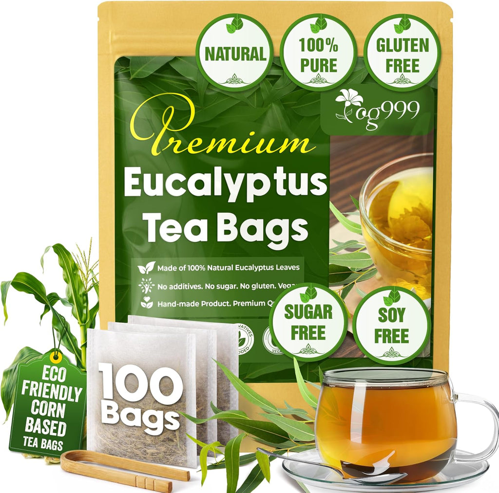 TOG999, Premium 100 Eucalyptus Leaf Tea Bags, 100% Natural & Pure Eucalyptus Leaves. Loose Leaf Eucalyptus Herbal Tea. Eucalyptus Leaf Tea. No Sugar, No Caffeine, No Gluten, Vegan.