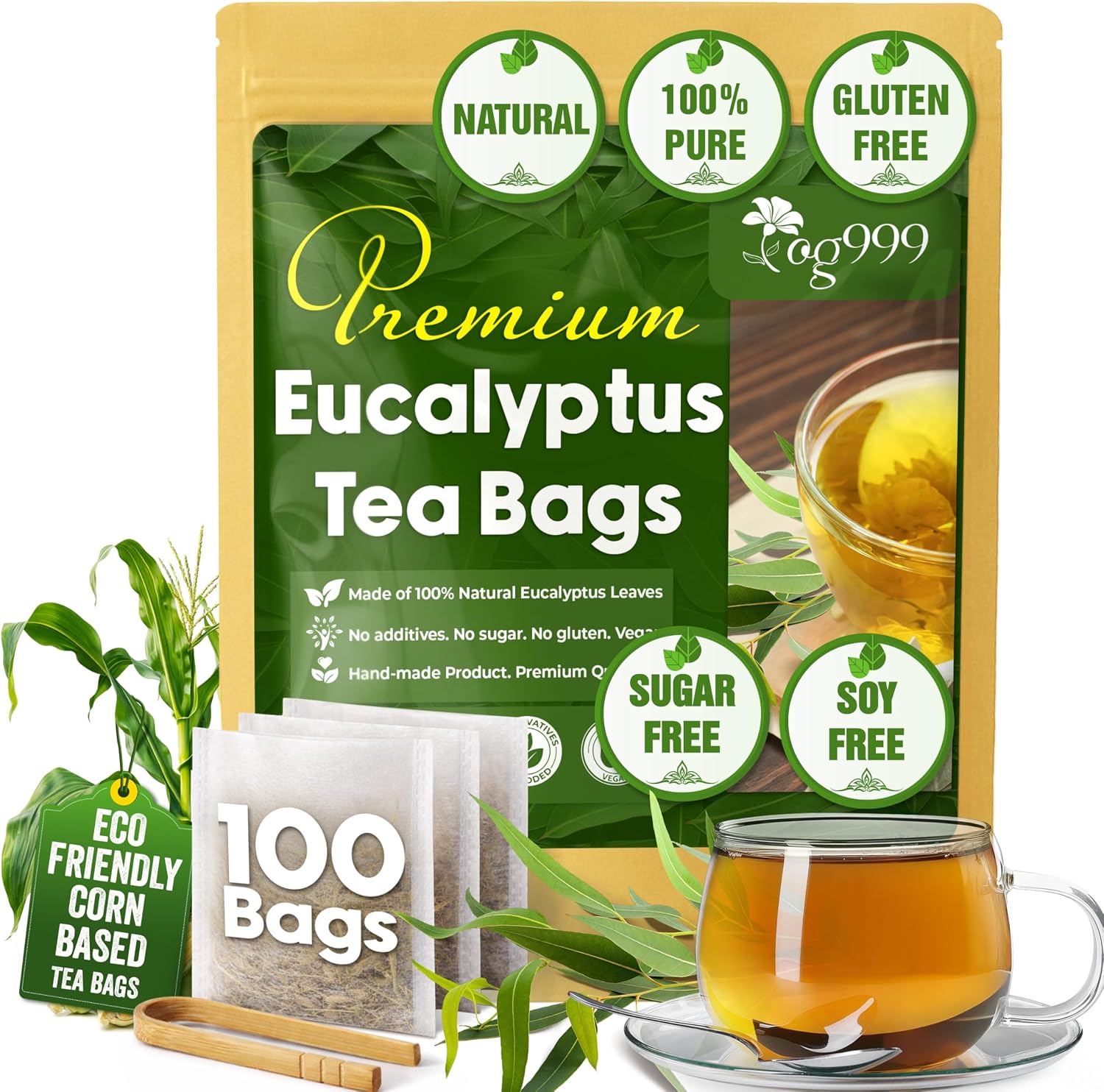 TOG999, Premium 100 Eucalyptus Leaf Tea Bags, 100% Natural & Pure Eucalyptus Leaves. Loose Leaf Eucalyptus Herbal Tea. Eucalyptus Leaf Tea. No Sugar, No Caffeine, No Gluten, Vegan.