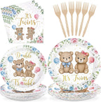 96Pcs Twin Baby Shower Party Decorations Twin Bear Paper Plates and Napkins It's Twins Double the Trouble Disposable Tableware Set for Twins Gender Reveal Boys Girls Birthday Party Supplies, Serve 24