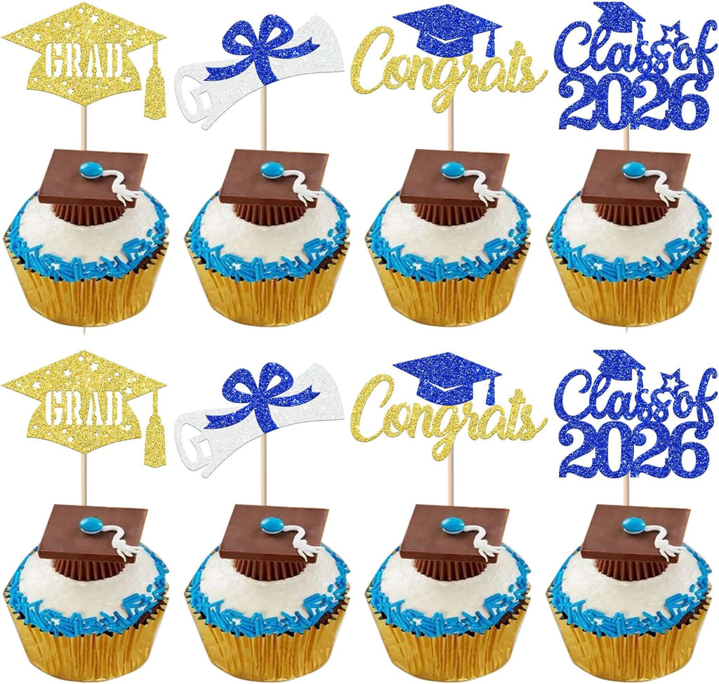 24 Pack Class of 2026 Cupcake Toppers Glitter Diploma Congrats Grad Cap Done Cupcake Picks 2026 graduation Cake Decorations for 2026 Graduation Theme Party Supplies Blue Gold