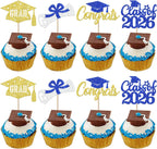 24 Pack Class of 2026 Cupcake Toppers Glitter Diploma Congrats Grad Cap Done Cupcake Picks 2026 graduation Cake Decorations for 2026 Graduation Theme Party Supplies Blue Gold
