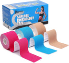 SUPERBE Precut Kinesiology Tape (3 Rolls Pack), Elastic Sports Tape for Pain Relief, Muscle Support, Recovery and Physio Therapy, Breathable, Waterproof (Beige Blue Pink)