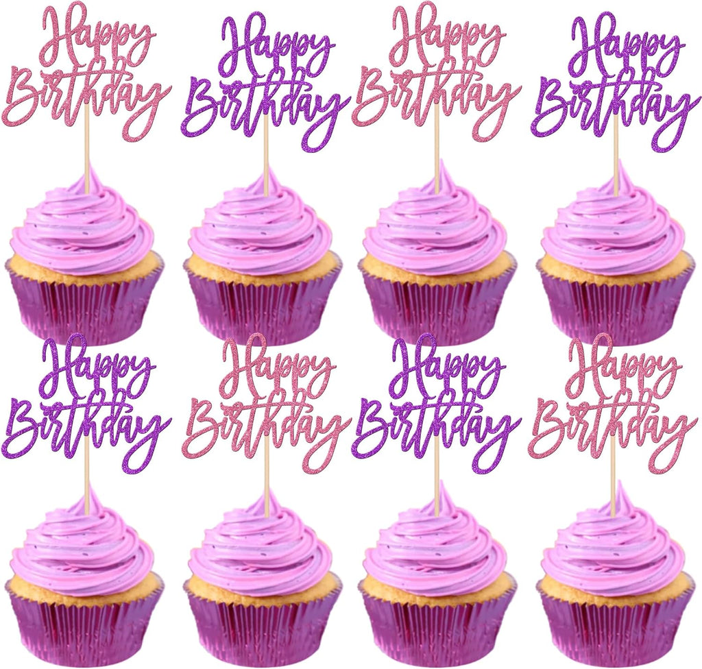 24 PCS Happy Birthday Cupcake Toppers Glitter Happy Birthday Cupcake Picks for Celebrating Anniversary Theme Party Cake Decorations Supplies Pink Purple