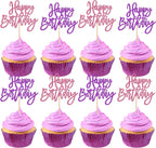 24 PCS Happy Birthday Cupcake Toppers Glitter Happy Birthday Cupcake Picks for Celebrating Anniversary Theme Party Cake Decorations Supplies Pink Purple