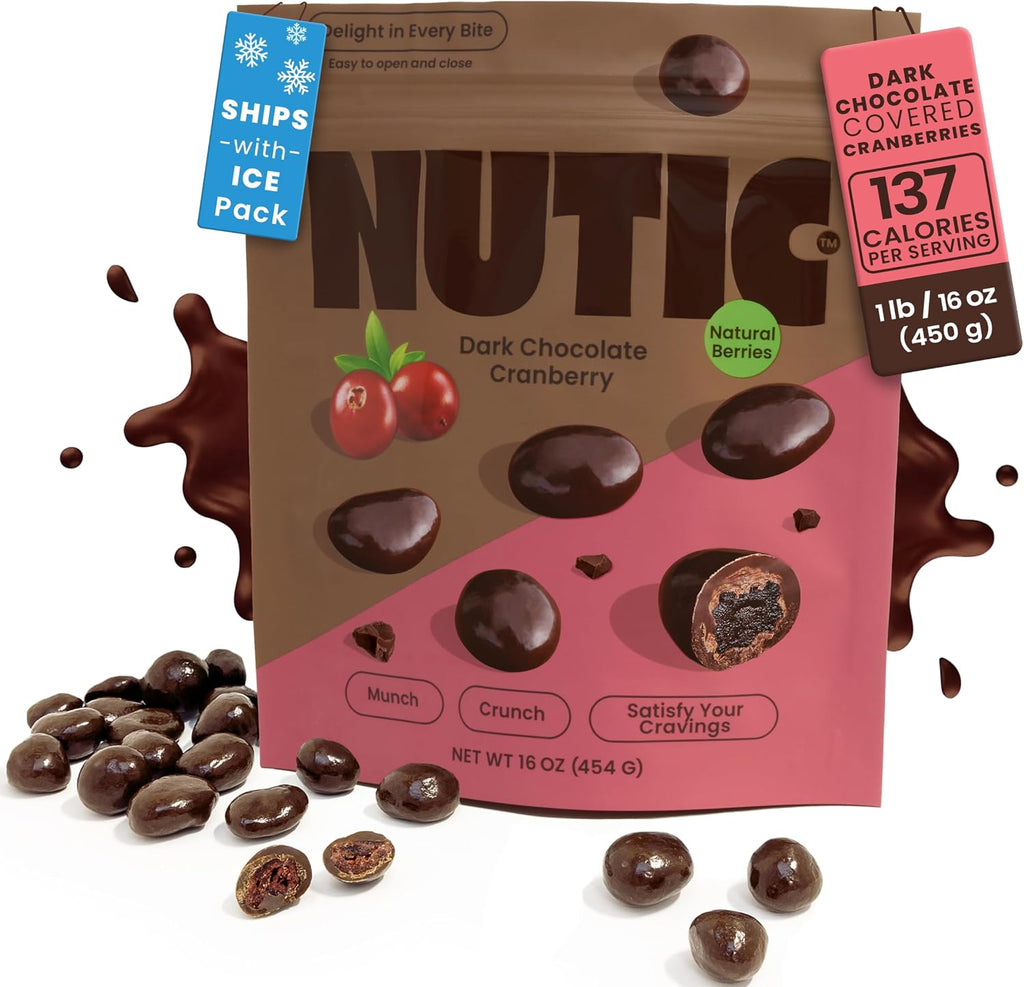 Nutic Dark Chocolate Covered Cranberries - 1LB, Luscious Treats for Snacking & Gifting, Tempting Chocolate-Engulfed Fruit for Holidays and Everyday Treats - Made in the USA - (Pack of 1)
