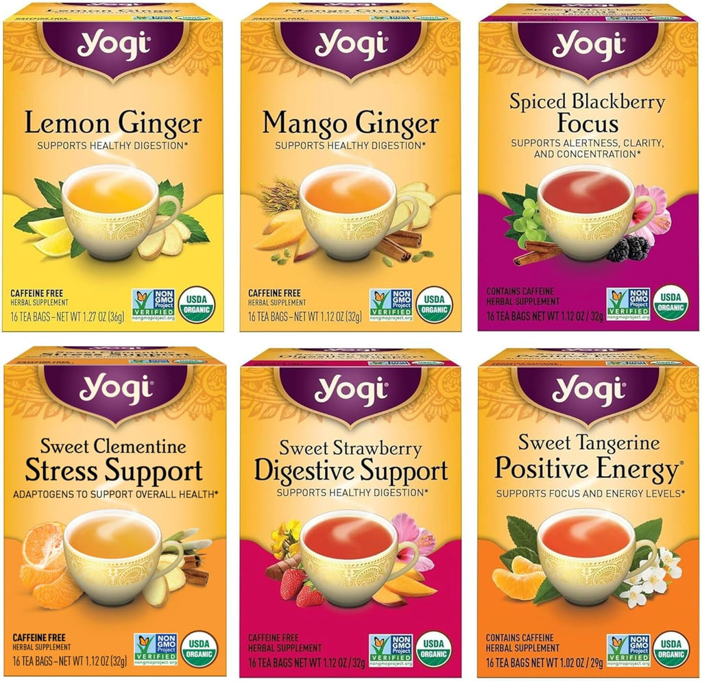 Yogi Tea - Fruity Tea Variety Sampler, 16 Tea Bags per pack (6 Packs) – Black, Green & Herbal Assorted Flavors: Sweet Clementine, Blackberry, Tangerine, Lemon, Strawberry, Mango & More