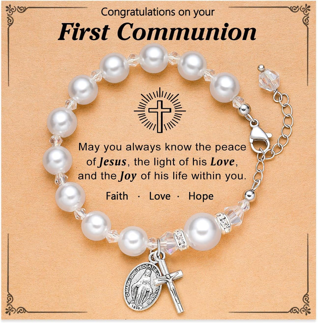 UNGENT THEM Rosary Cross Pearl Bracelet Baptism Communion Catholic Confirmation Easter Gifts for Girls Granddaughter Daughter Niece