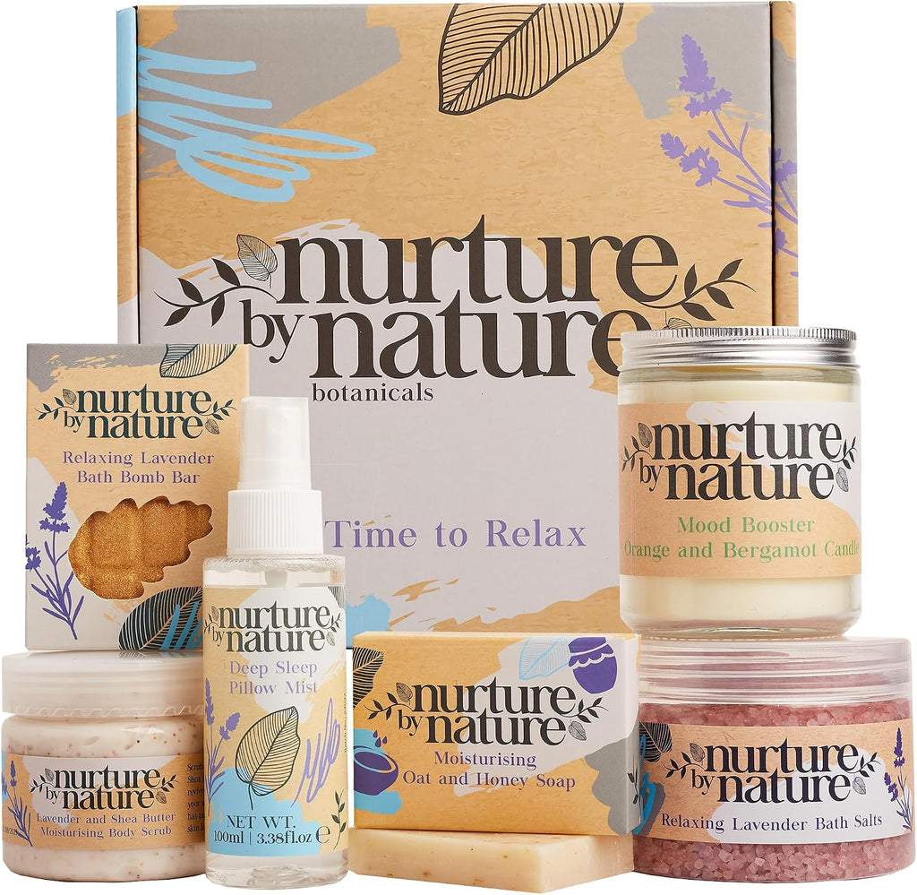 Nurture by Nature Spa Gifts for Women - Mothers Day Gifts for Mom, Self Care Gift Set & Spa Gift Basket for Women, 6 Piece Bath Set with Candle, Bath Bomb, Salts & Pillow Spray - Relaxation Gifts